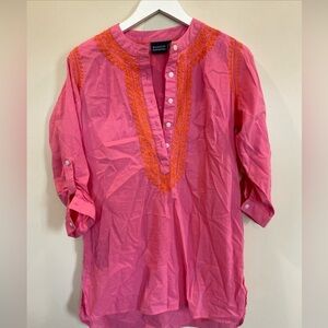 Madison Mathew’s Tunic Pink Embroidered 3/4 Sleeve Womens Small Half Button Down